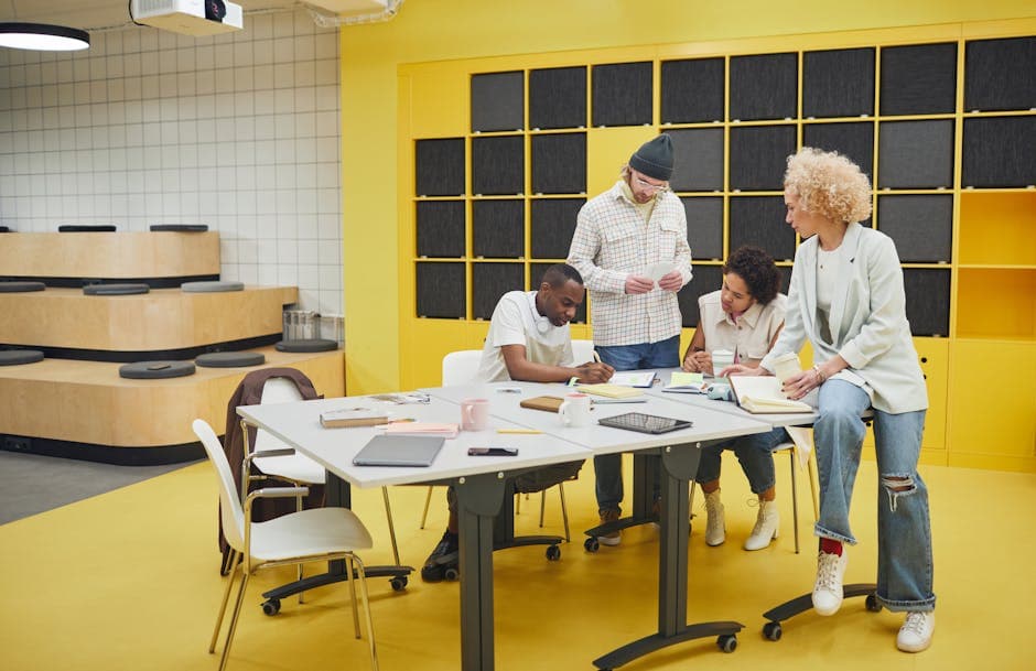 A diverse group of coworkers actively brainstorming and collaborating in a modern, colorful office setting.
